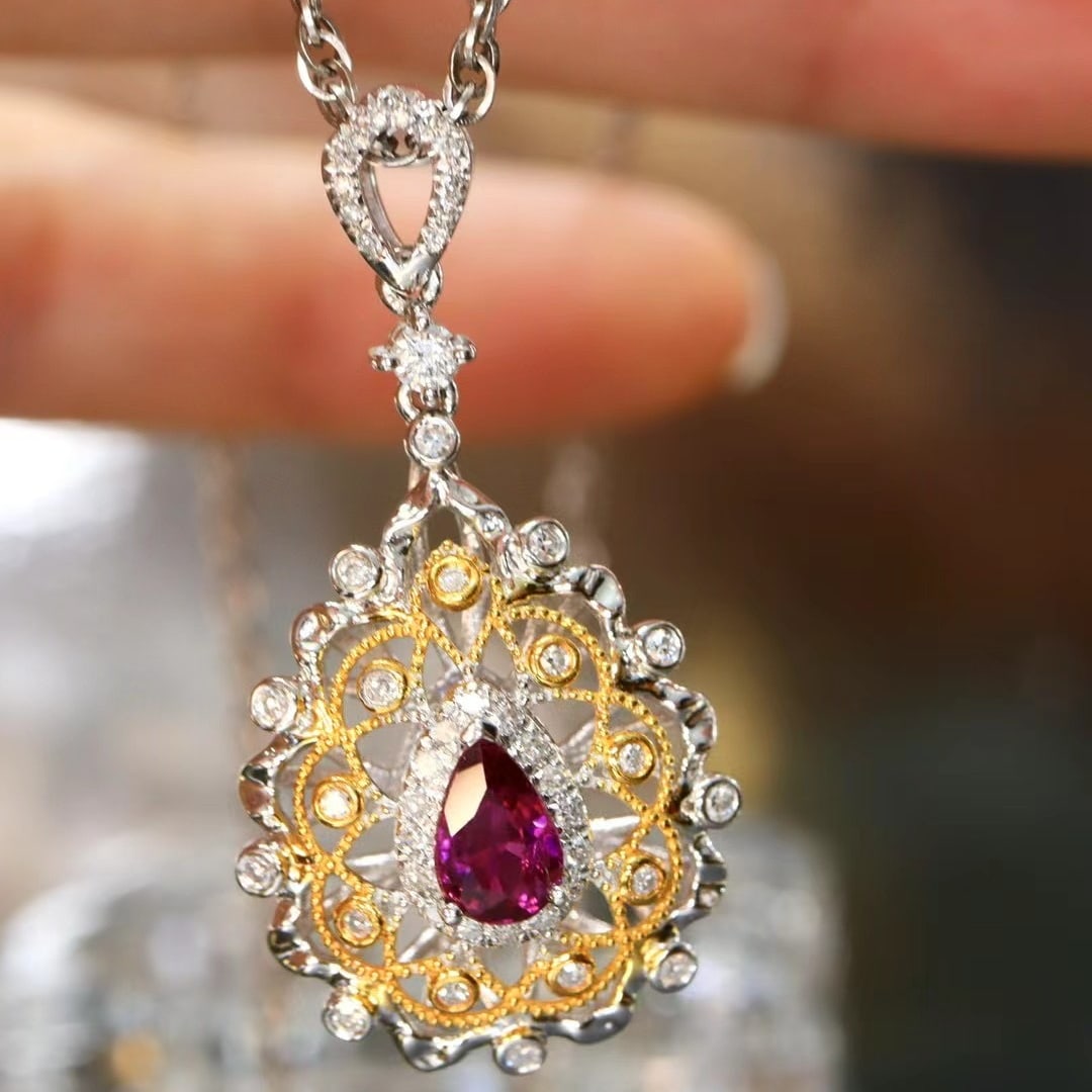 14k Gold 0.72 Ctw Natural Ruby & Diamond Pendant( Without Chain ): Ref:230968238 // gold content:14k gold // main gemstone:ruby // shape:pear // carat weight:0. 50ct // color:red // treatment:natural // // adjacent gemstone 2 : diamond // shape:round // carat