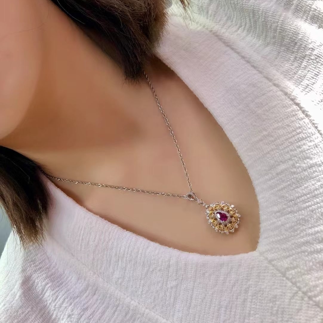 14k Gold 0.72 Ctw Natural Ruby & Diamond Pendant( Without Chain ) - 2