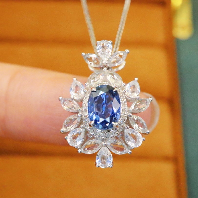 14k Gold 1.19 Ctw Natural Sapphire & Diamond Pendant( Without Chain ): Ref:230968307 // gold content:14k gold // main gemstone:sapphire // shape:oval // carat weight:1. 12ct // color:blue // treatment:natural // // adjacent gemstone 2 : diamond // number of stones:24 // 