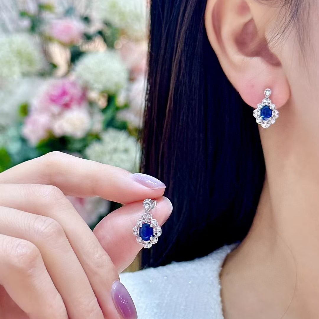 14k Gold 2.18 Ctw Vivid Blue Natural Sapphire & Diamond Earrings - 2