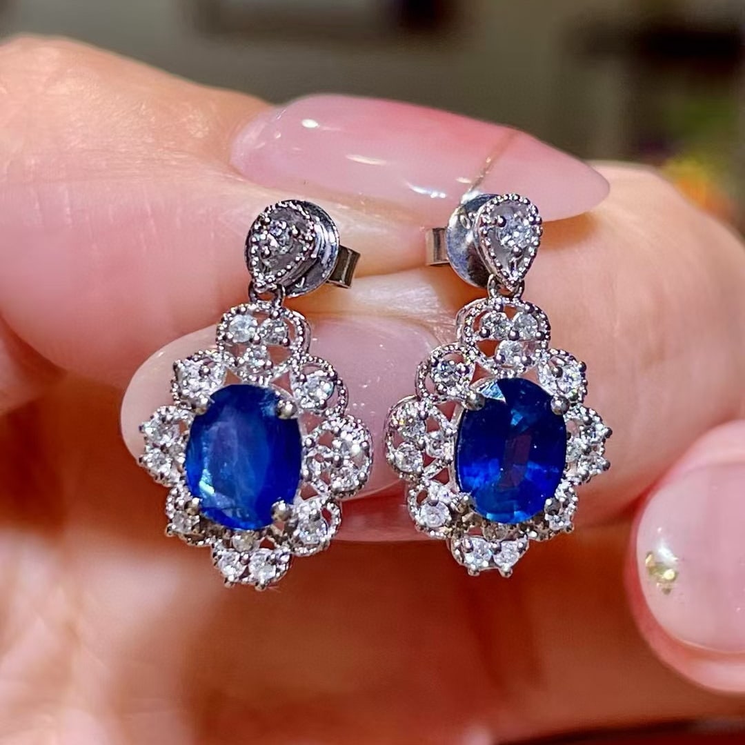 14k Gold 2.18 Ctw Vivid Blue Natural Sapphire & Diamond Earrings - 3