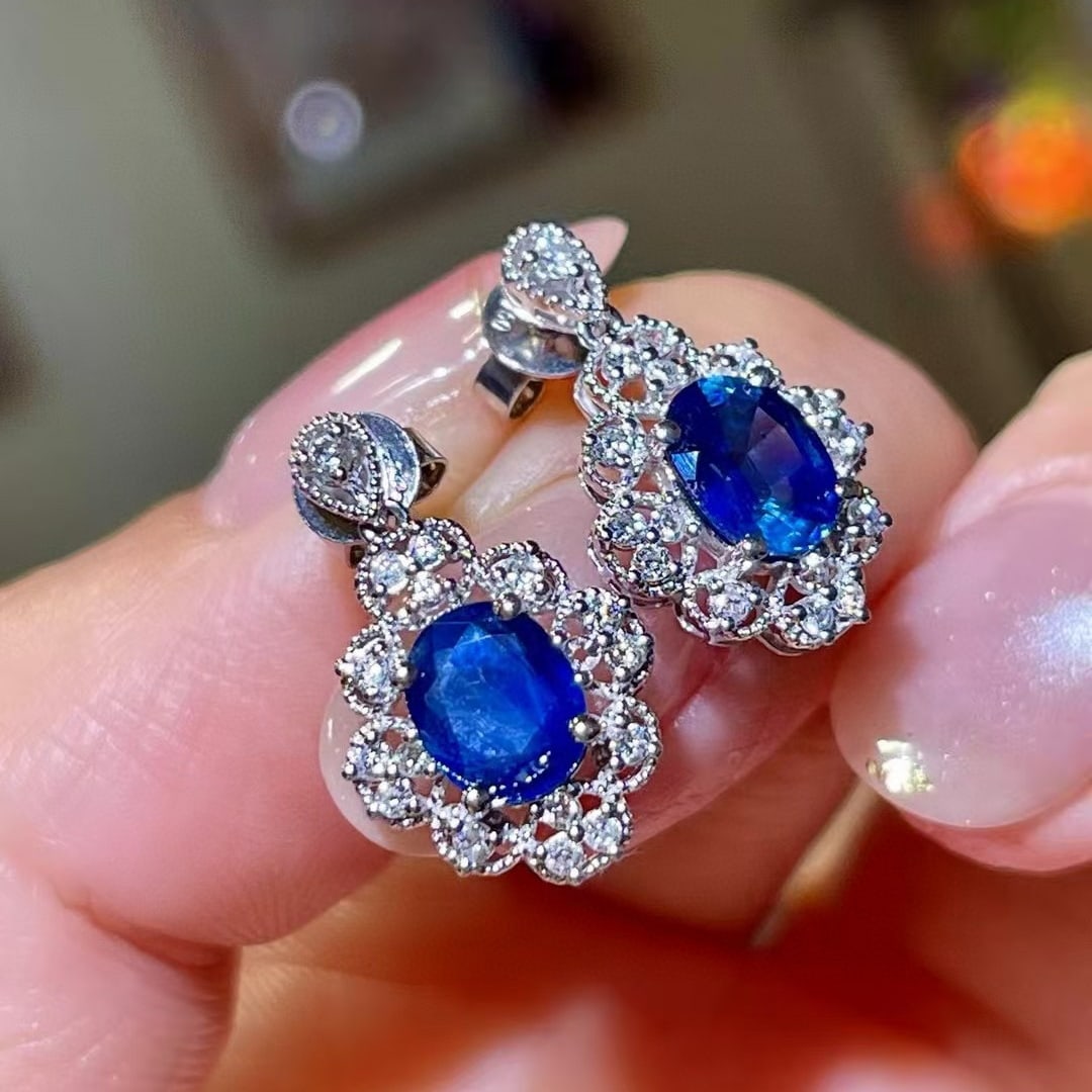 14k Gold 2.18 Ctw Vivid Blue Natural Sapphire & Diamond Earrings - 4