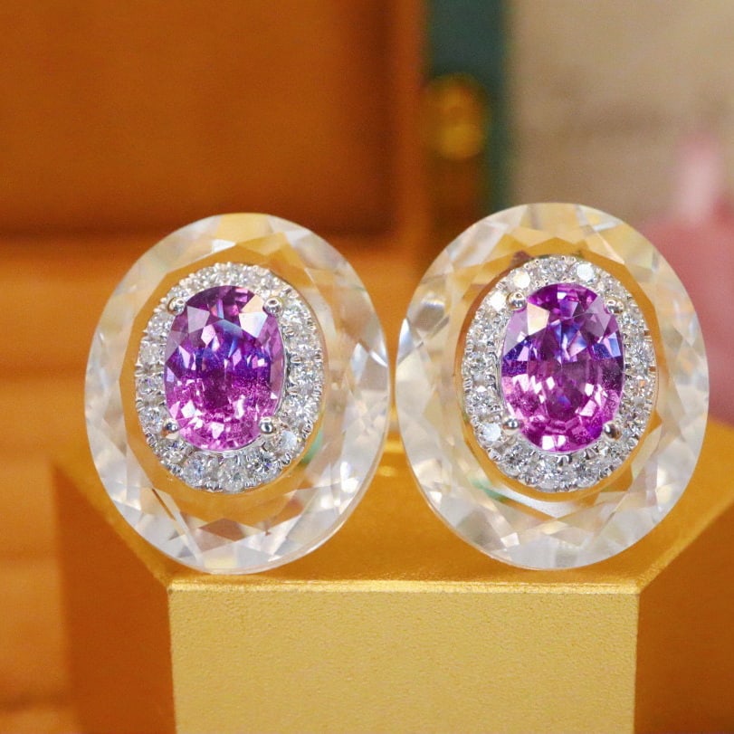 14k Gold 2.10 Ctw Natural Sapphire & Diamond Earrings: Ref:230968311 // gold content:14k gold // main gemstone:sapphire // shape:oval // carat weight:1. 76ct // color:purple // treatment:natural // // adjacent gemstone 2 : diamond // number of stones:34
