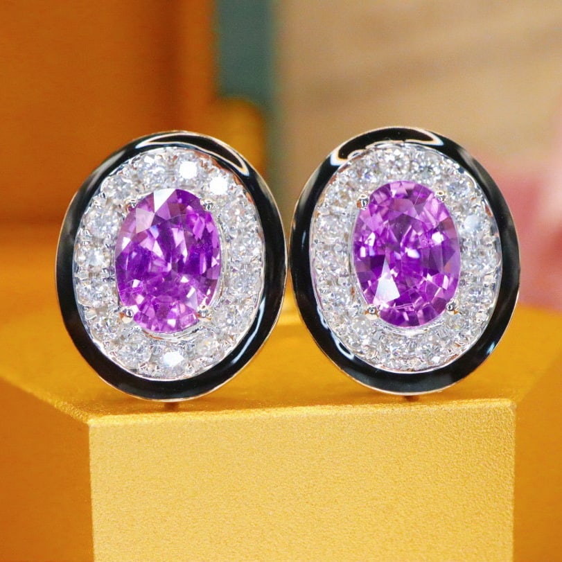 14k Gold 2.20 Ctw Natural Sapphire & Diamond Earrings: Ref:230968310 // gold content:14k gold // main gemstone:sapphire // shape:oval // carat weight:1. 75ct // color:purple // treatment:natural // // adjacent gemstone 2 : diamond // number of stones:30