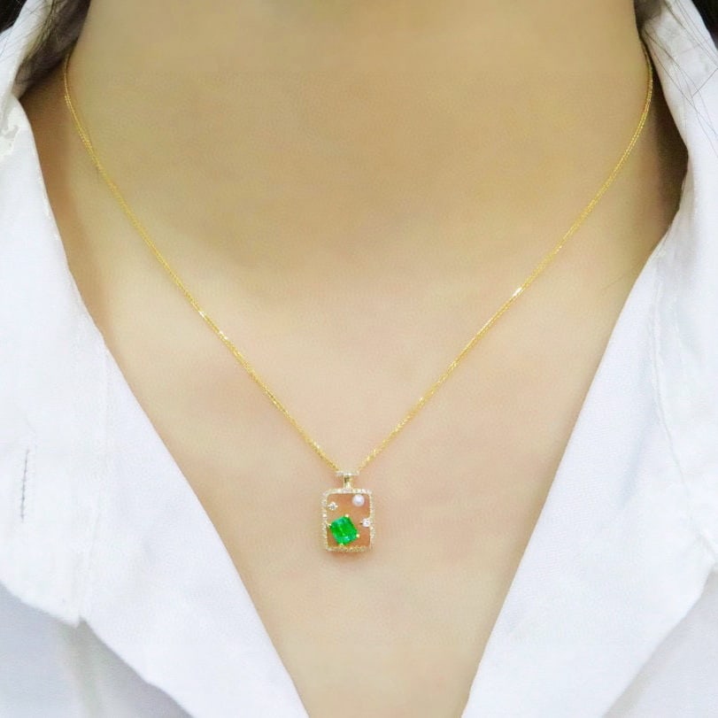 14k Gold 0.74 Ctw Vivid Green Natural Emerald & Diamond Pendant( Without Chain ) - 6