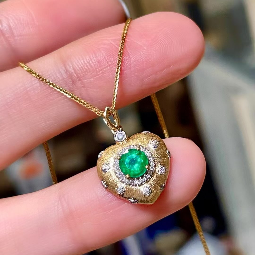 14k Gold 0.68 Ctw Vivid Green Natural Emerald & Diamond Pendant( Without Chain ) - 2