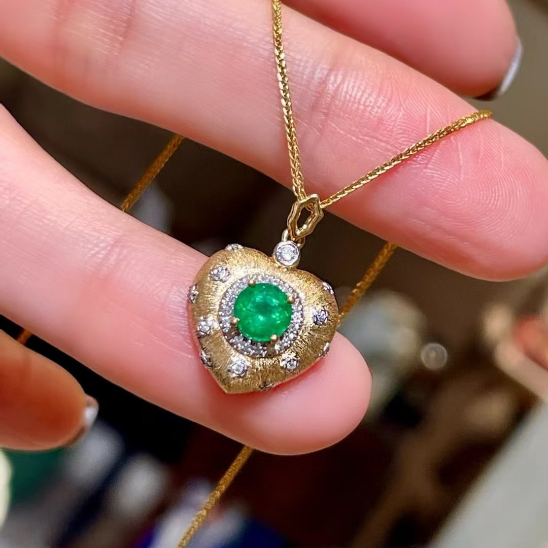 14k Gold 0.68 Ctw Vivid Green Natural Emerald & Diamond Pendant( Without Chain ) - 3