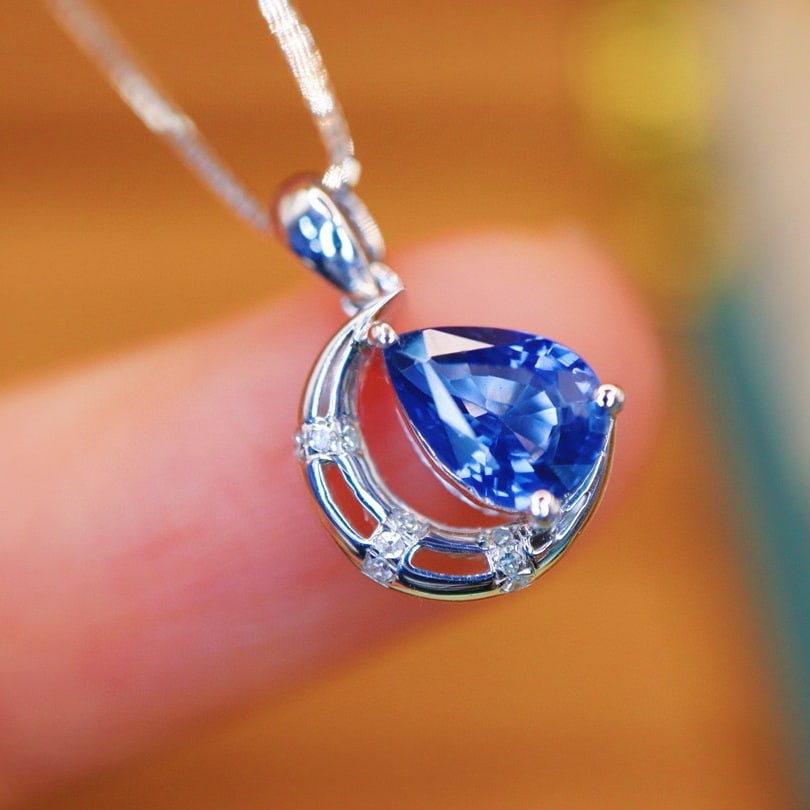 14k Gold 0.94 Ctw Natural Sapphire & Diamond Pendant( Without Chain ) - 2
