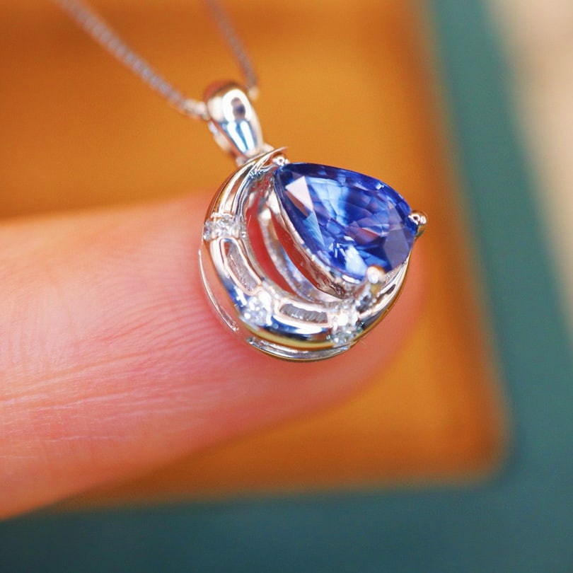 14k Gold 0.94 Ctw Natural Sapphire & Diamond Pendant( Without Chain ) - 4