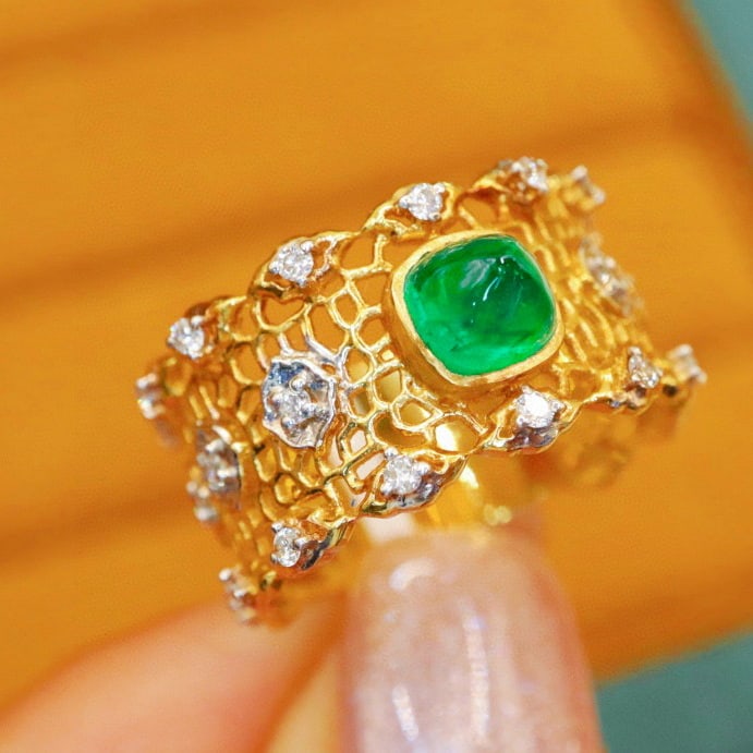14k Gold 1.00 Ctw Vivid Green Natural Emerald & Diamond Ring - 3