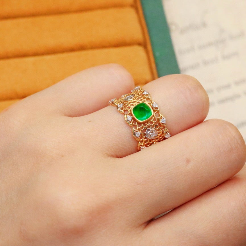 14k Gold 1.00 Ctw Vivid Green Natural Emerald & Diamond Ring - 5