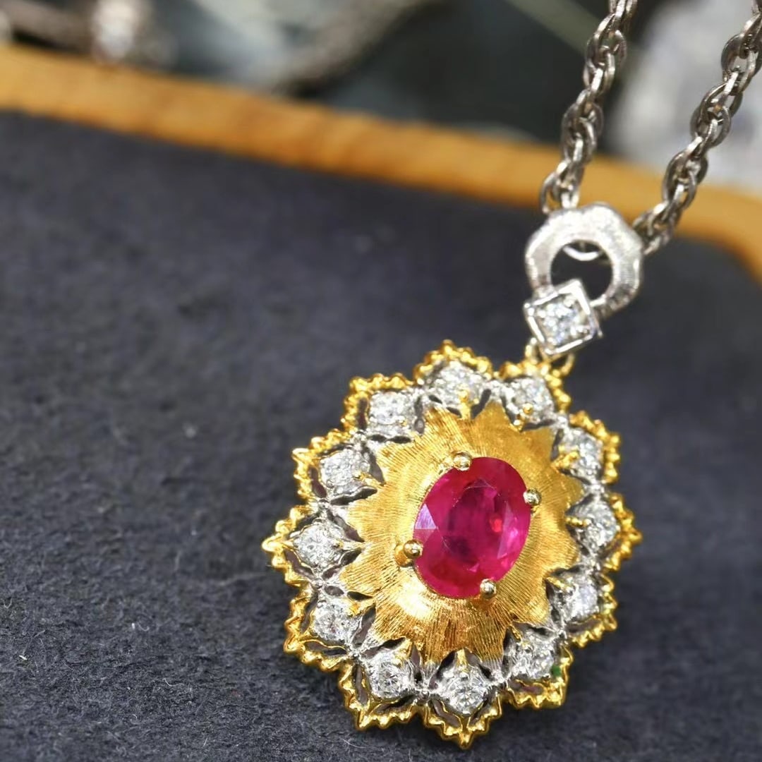 14k Gold 0.88 Ctw Natural Ruby & Diamond Pendant( Without Chain ): Ref:230968237 // gold content:14k gold // main gemstone:ruby // shape:oval // carat weight:0. 68ct // color:red // treatment:natural // // adjacent gemstone 2 : diamond // shape:round // carat