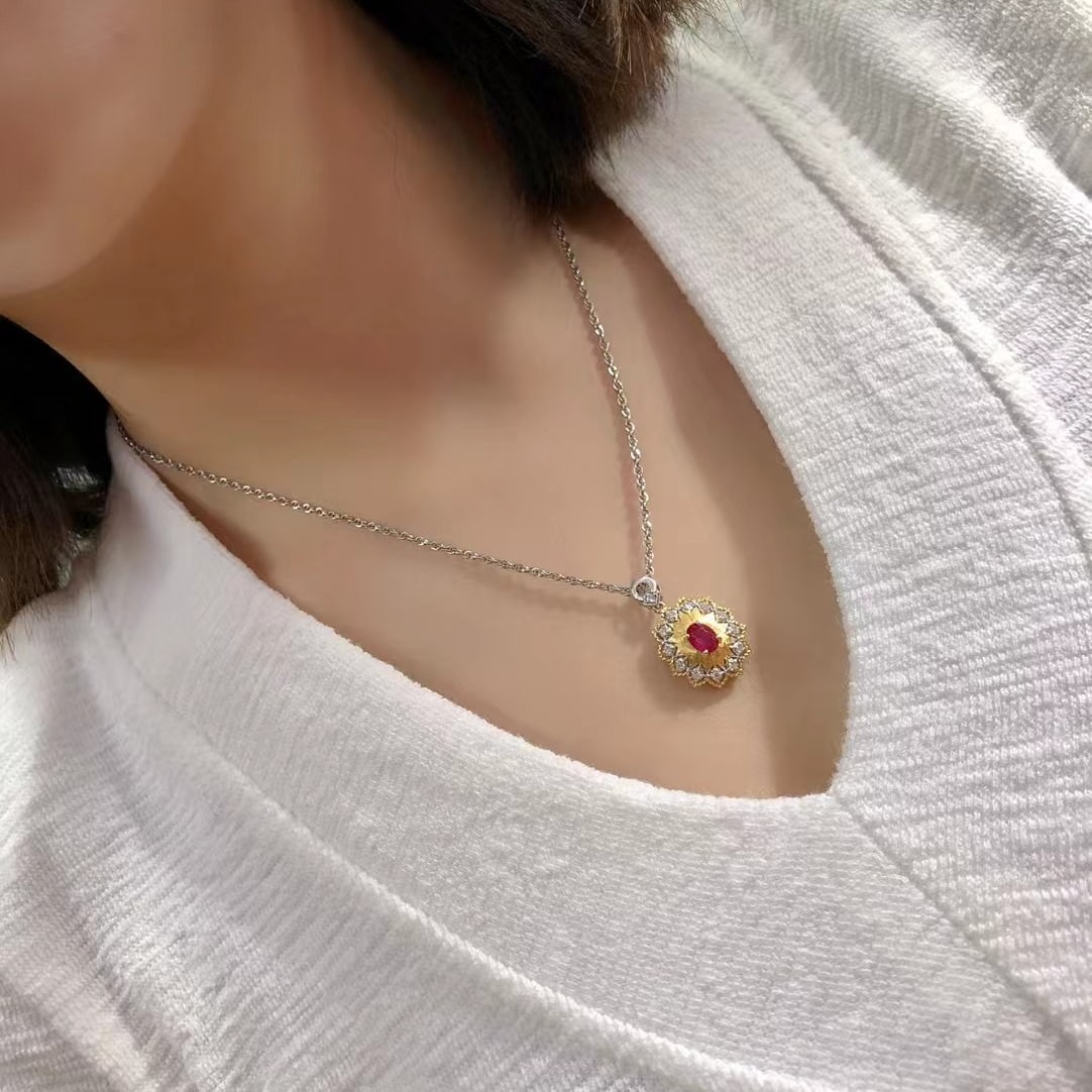 14k Gold 0.88 Ctw Natural Ruby & Diamond Pendant( Without Chain ) - 2