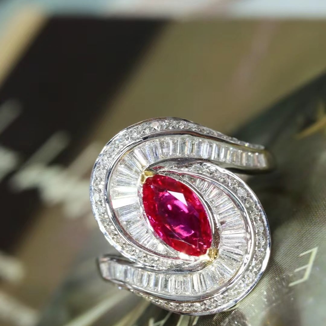 14k Gold 1.36 Ctw Natural Ruby & Diamond Ring: Ref:230968241 // gold content:14k gold // ring size:7. 25us // // main gemstone:ruby // shape:marquise // carat weight:0. 76ct // color:red // treatment:natural // // adjacent gemstone 2 : diamond //