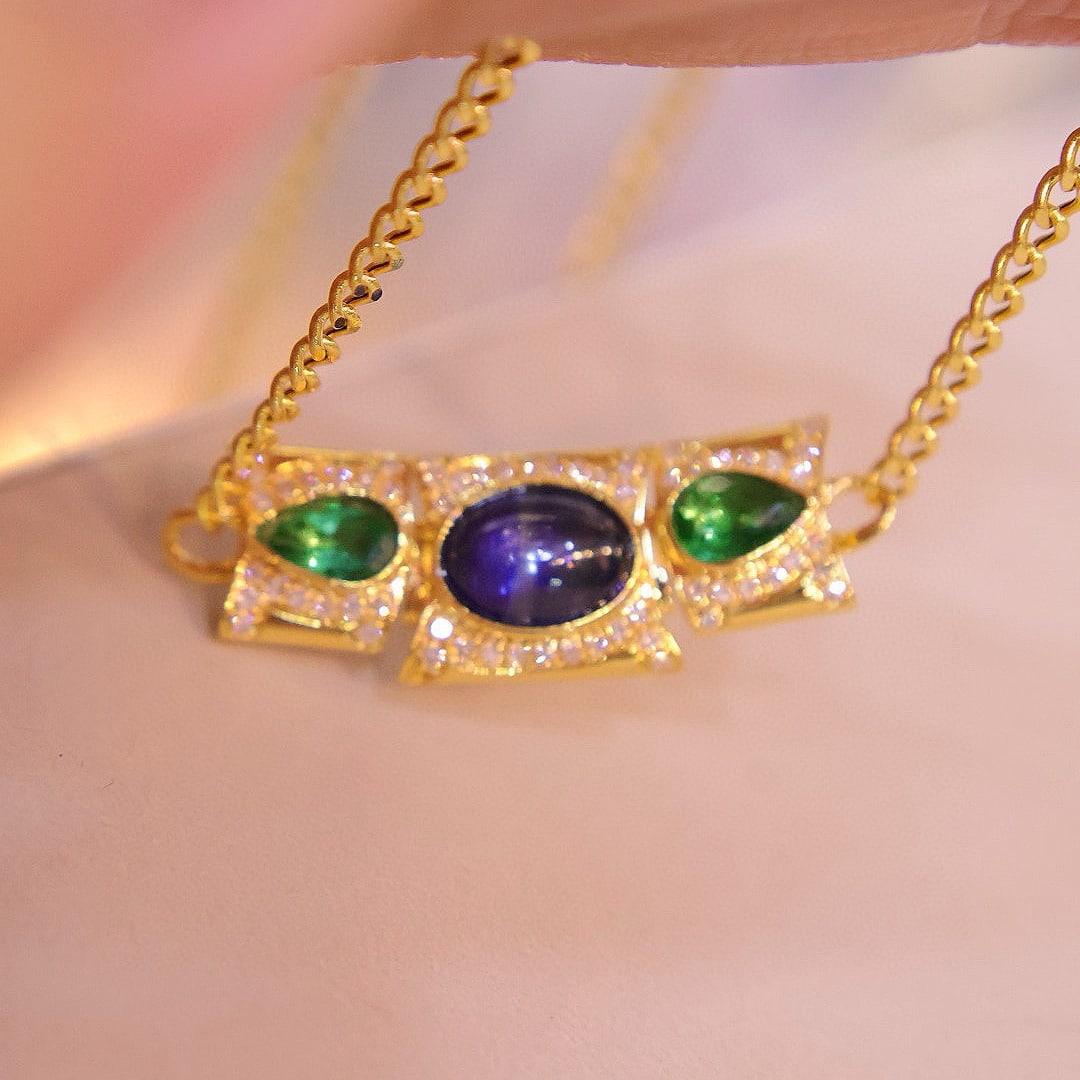 14k Gold 1.5 Ctw Natural Sapphire & Emerald Necklace - 2