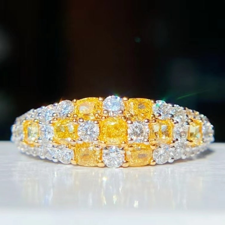 14k Gold 0.70 Ct Natural Yellow Diamond & Diamond Ring: Ref:230968442 // gold content:14k gold // ring size:7. 25us // // main gemstone:yellow diamond // shape:cushion // carat weight:0. 70ct // color:yellow // treatment:natural // // adjacent gemstone 2