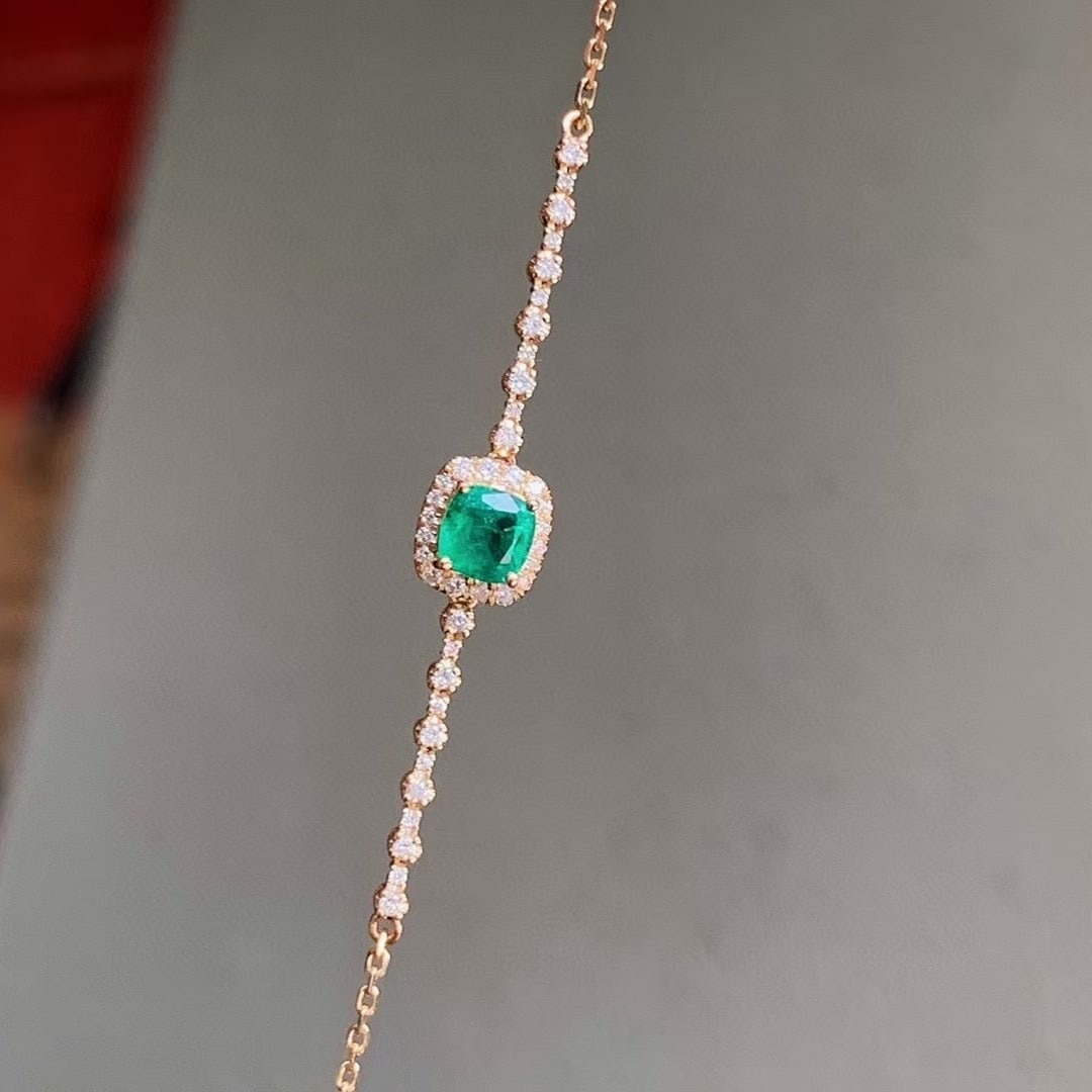 14k Gold 0.71 Ctw Vivid Green Natural Emerald & Diamond Bracelet - 7