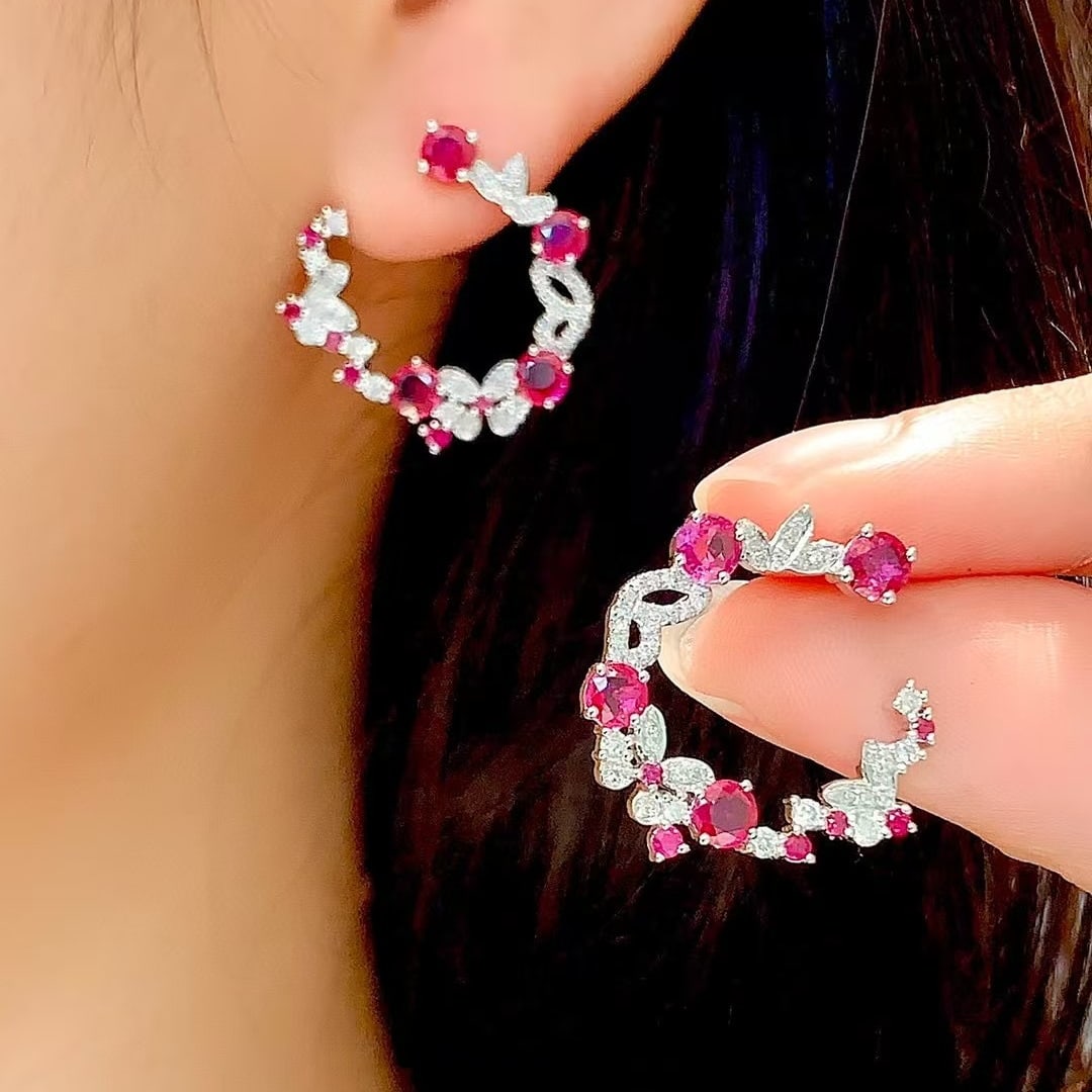 14k Gold 2 Ct Natural Ruby & Diamond Earrings - 3