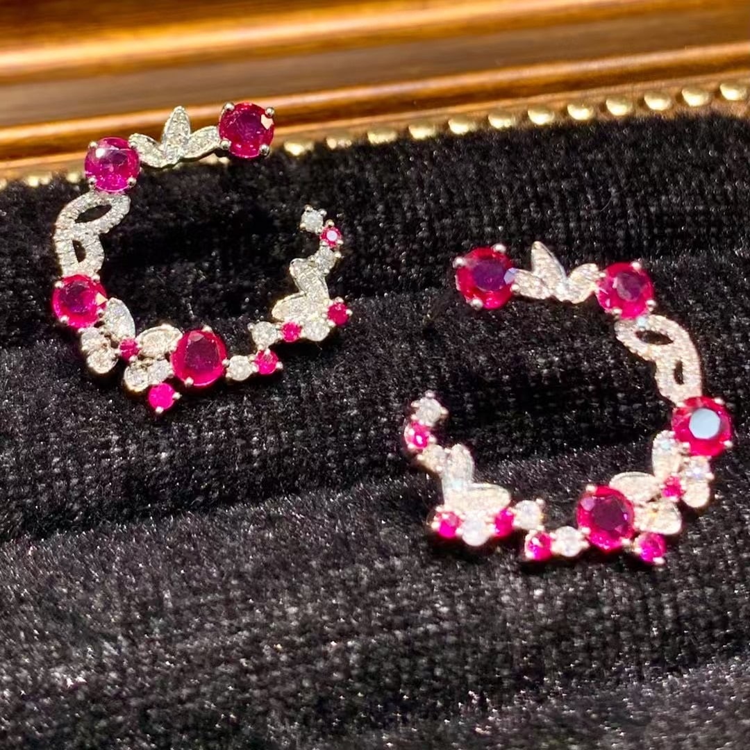 14k Gold 2 Ct Natural Ruby & Diamond Earrings - 5