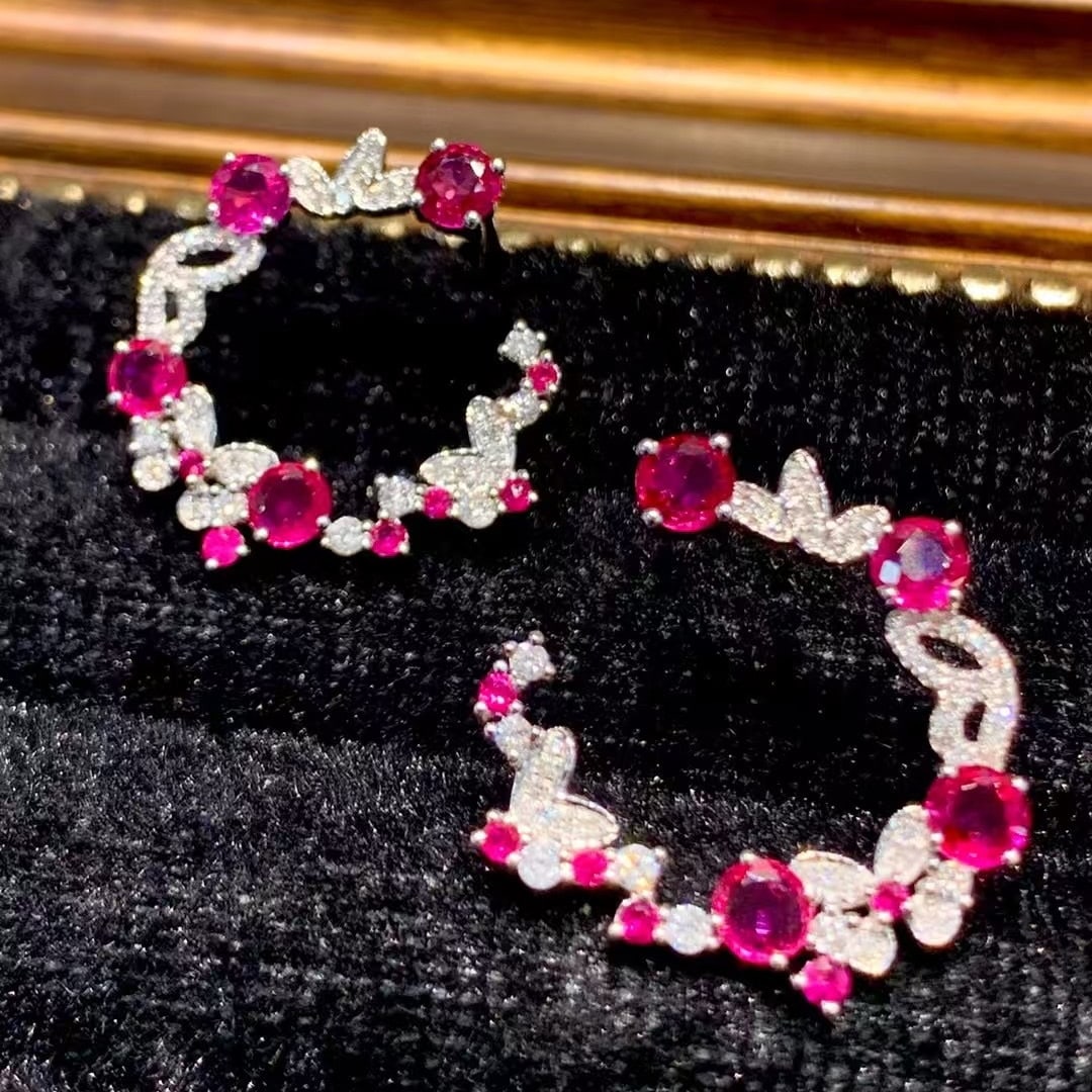 14k Gold 2 Ct Natural Ruby & Diamond Earrings - 6