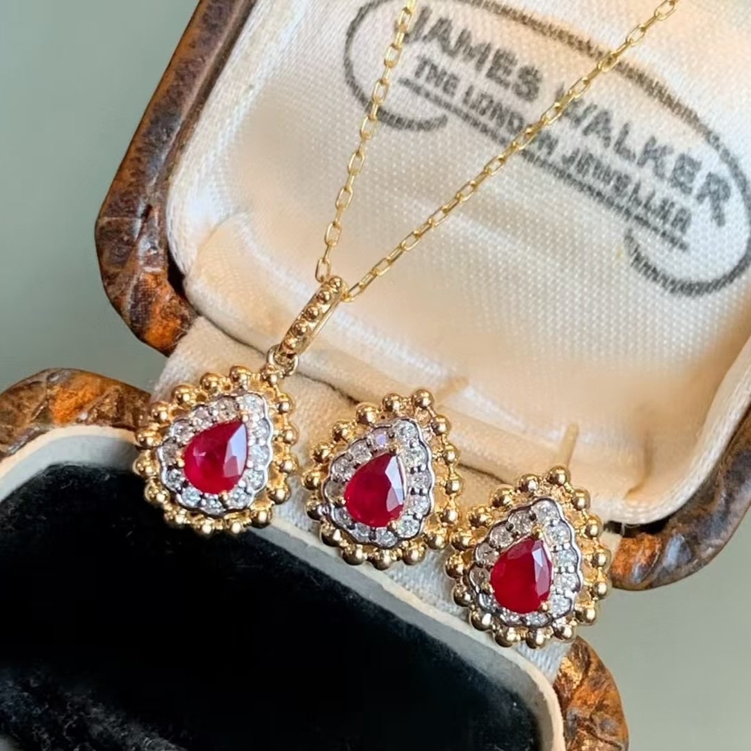 14k Gold 0.84 Ctw Natural Ruby & Diamond Jewelry Set - 2