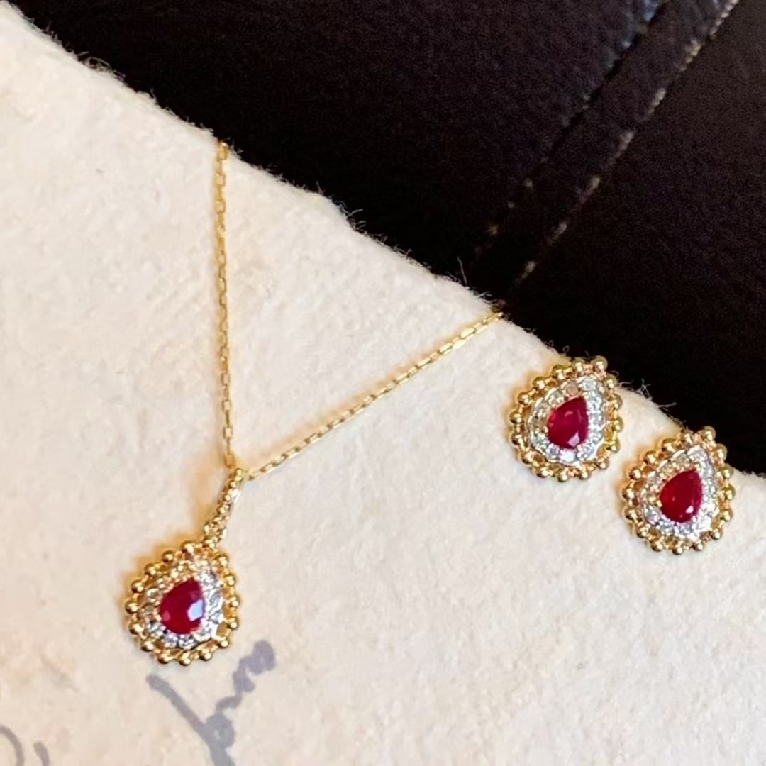 14k Gold 0.84 Ctw Natural Ruby & Diamond Jewelry Set - 5