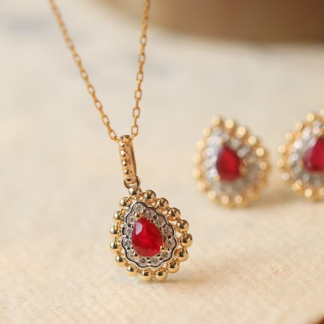 14k Gold 0.84 Ctw Natural Ruby & Diamond Jewelry Set - 9