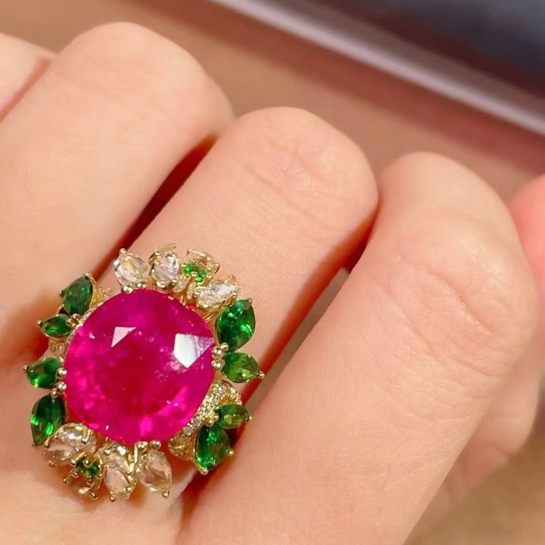 14k Gold 8.6 Ctw Natural Tourmaline & Sapphire & Tsavorite Ring - 3