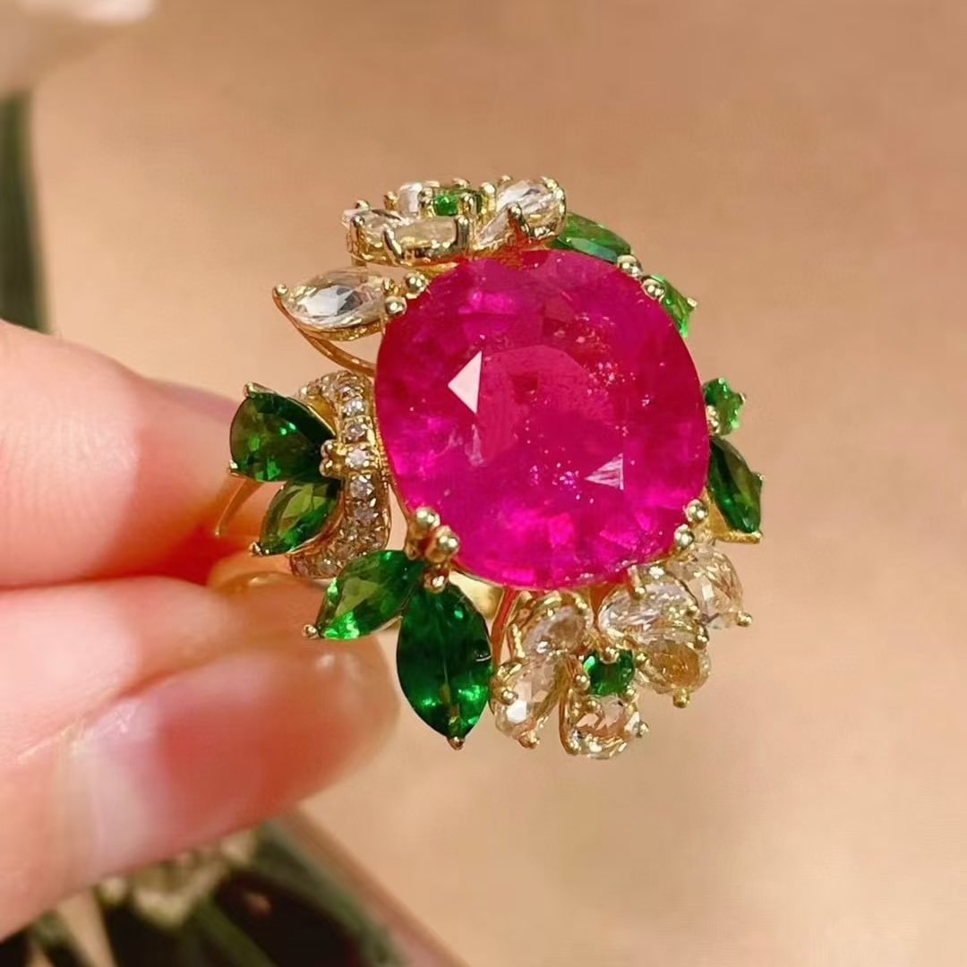 14k Gold 8.6 Ctw Natural Tourmaline & Sapphire & Tsavorite Ring - 4