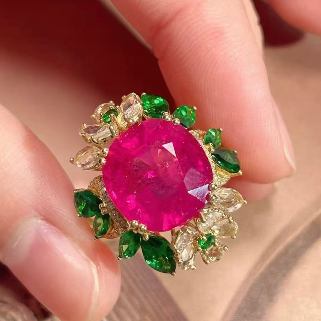 14k Gold 8.6 Ctw Natural Tourmaline & Sapphire & Tsavorite Ring - 5