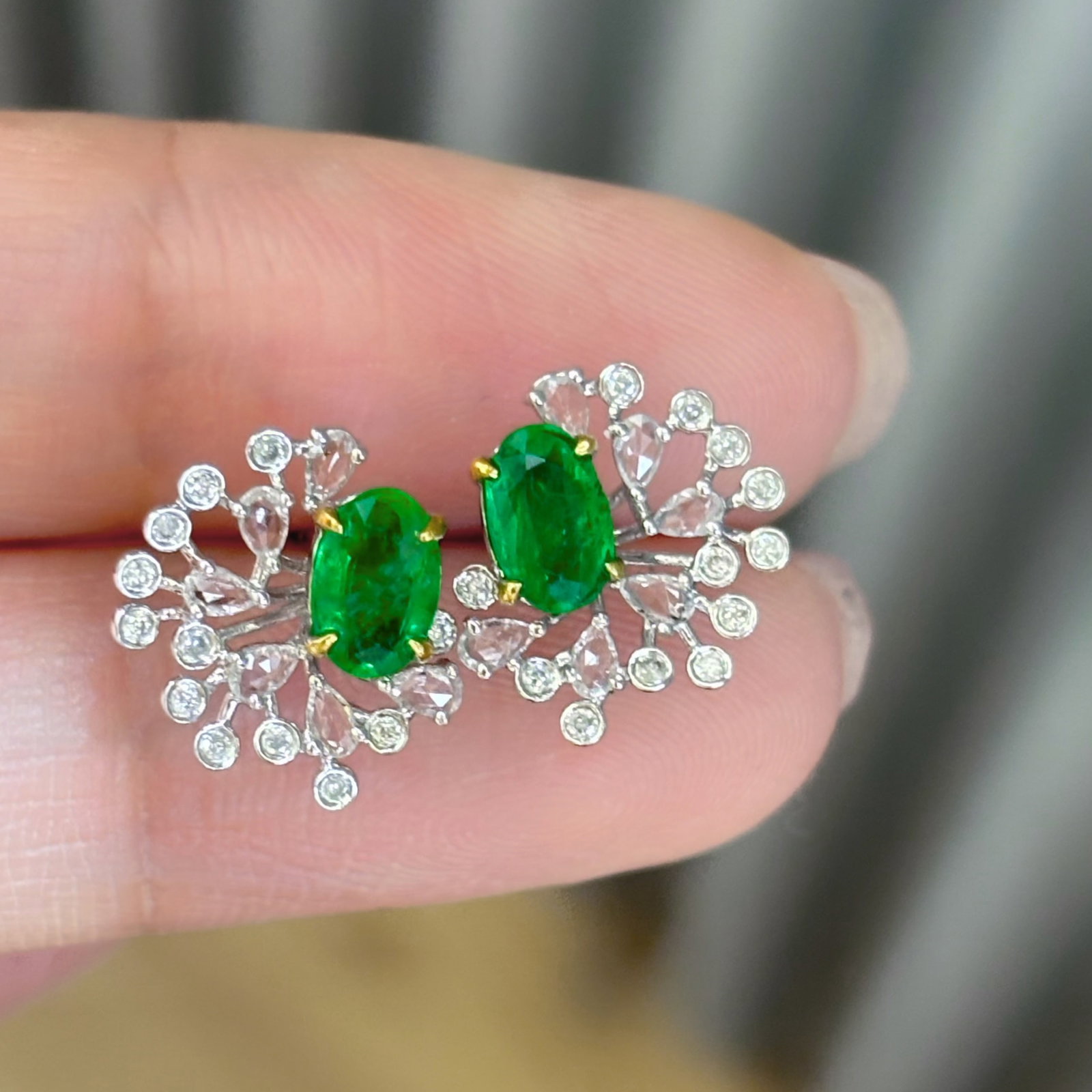 14k Gold 0.8 Ct Vivid Green Natural Emerald & Diamond & Sapphire Earrings - 2