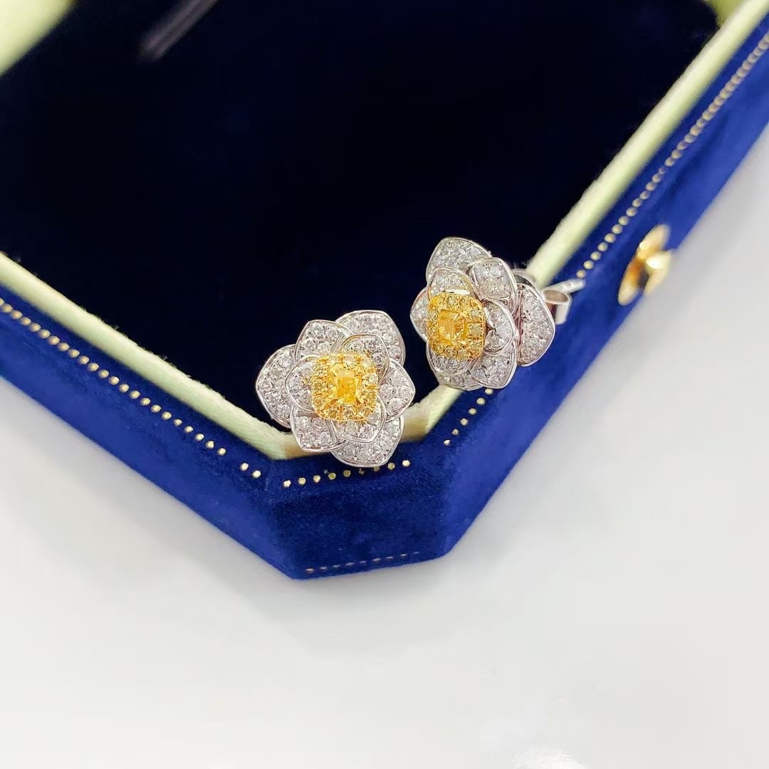 14k Gold 0.48 Ctw Natural Yellow Diamond & Diamond Earrings: Ref:230969077 // gold content:14k gold // main gemstone:yellow diamond // shape:cushion // carat weight:0. 14ct // color:yellow // treatment:natural // // adjacent gemstone 2 : diamond // shape:round
