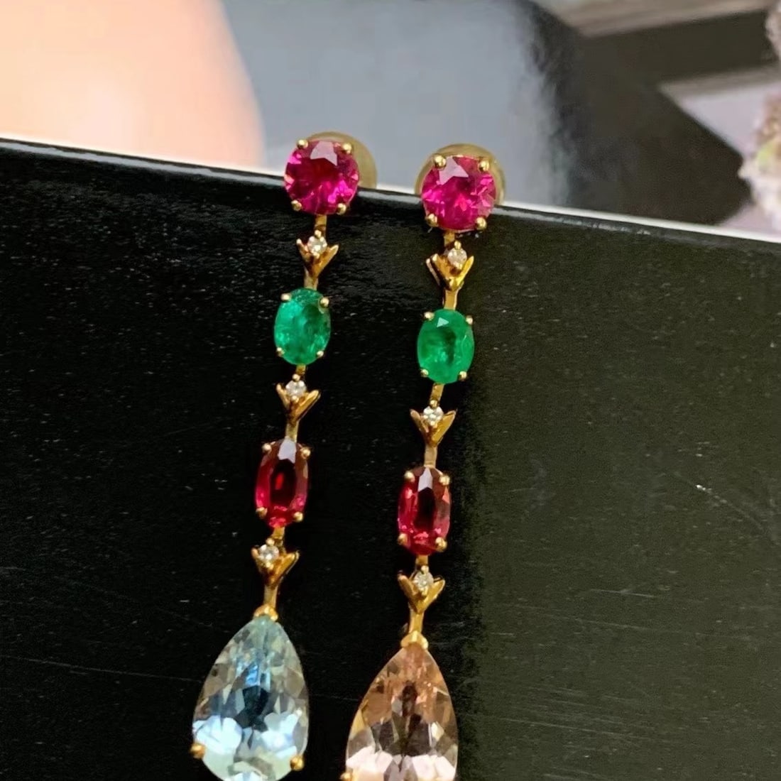 14k Gold 5.66 Ctw Natural Aquamarine & Morganite & Emerald & Tourmaline Earrings: Ref:230969095 // gold content:14k gold // main gemstone:aquamarine & morganite // shape:pear // carat weight:3. 91ct // color:blue & pink // treatment:natural // // adjacent gemstone 2 : emerald &