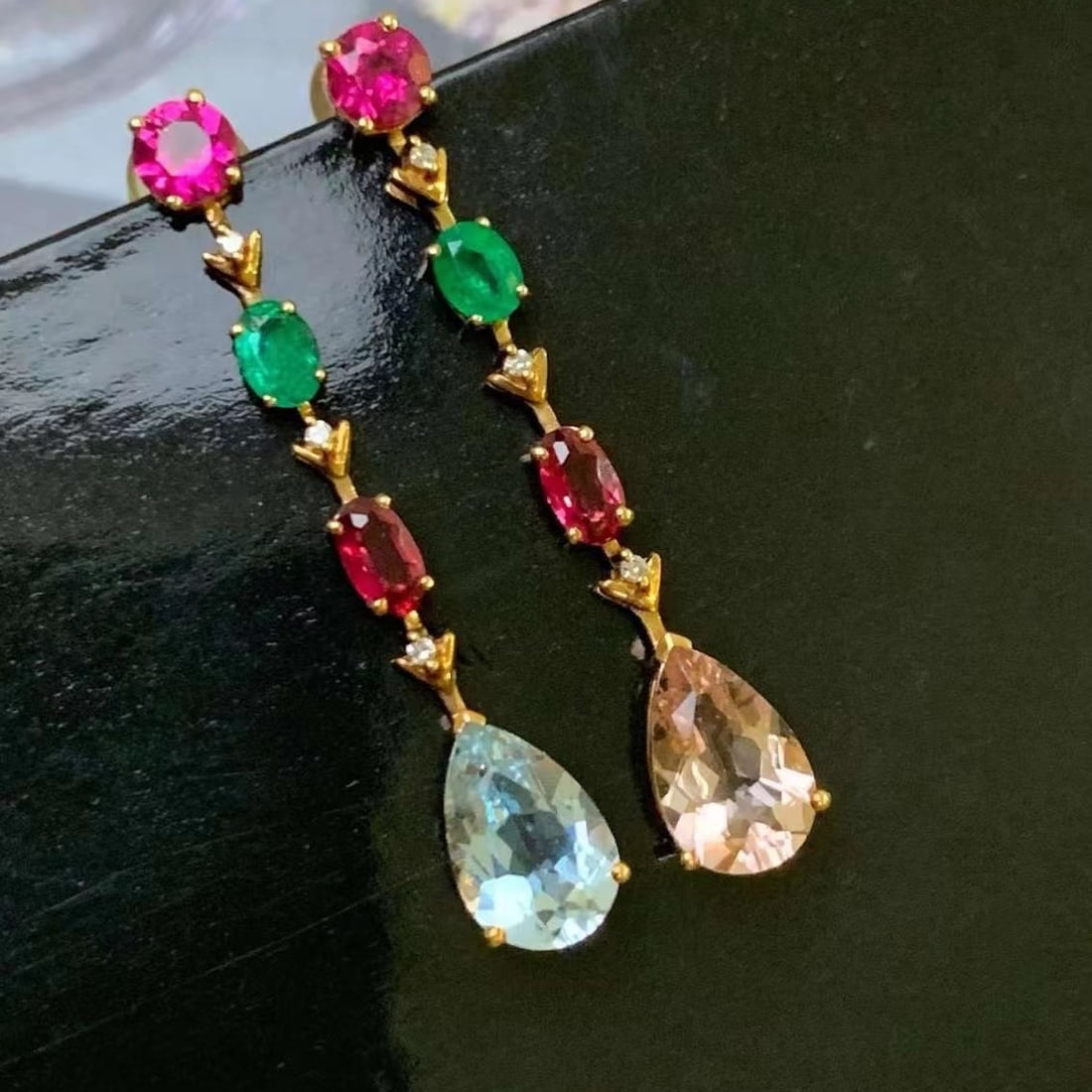 14k Gold 5.66 Ctw Natural Aquamarine & Morganite & Emerald & Tourmaline Earrings - 2