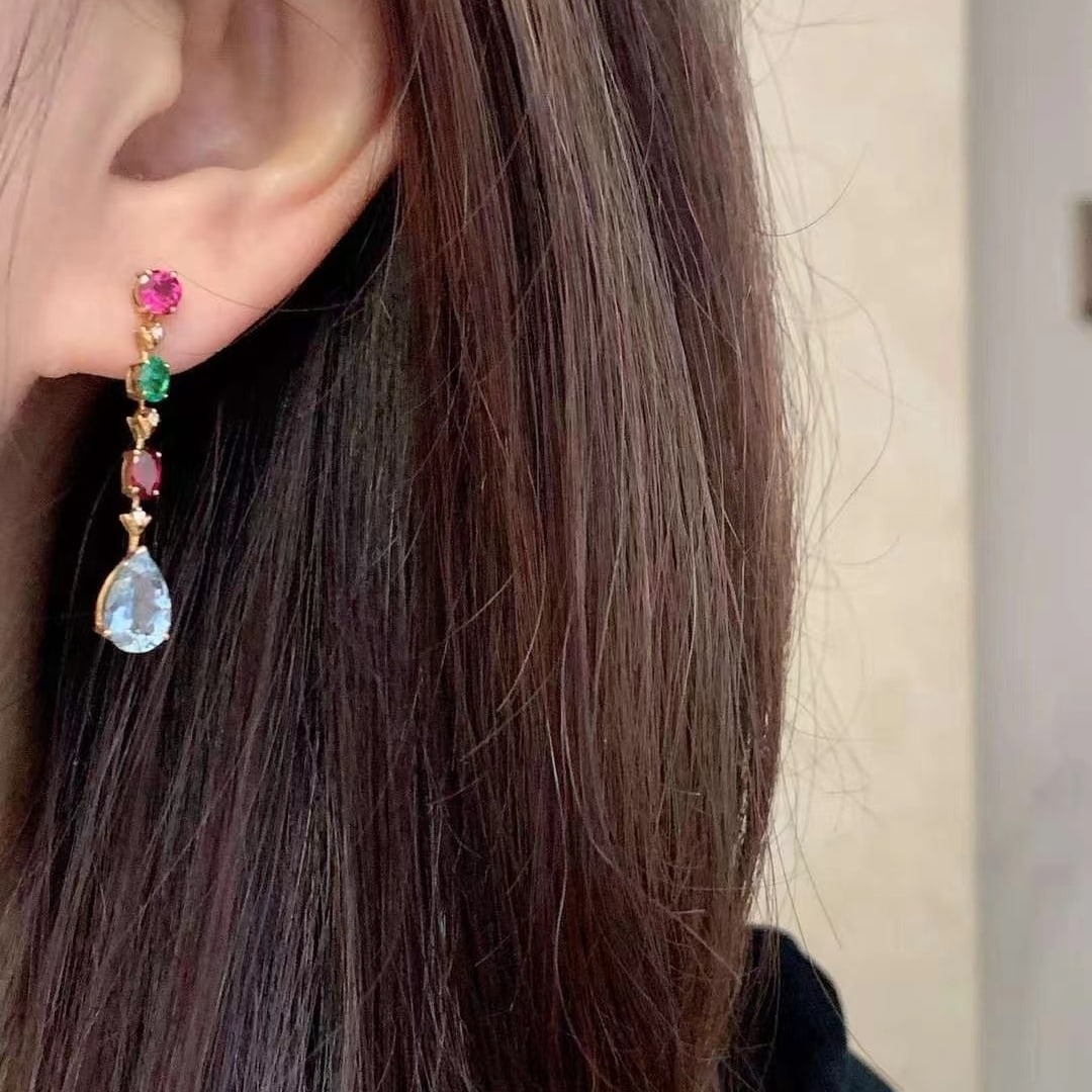 14k Gold 5.66 Ctw Natural Aquamarine & Morganite & Emerald & Tourmaline Earrings - 3