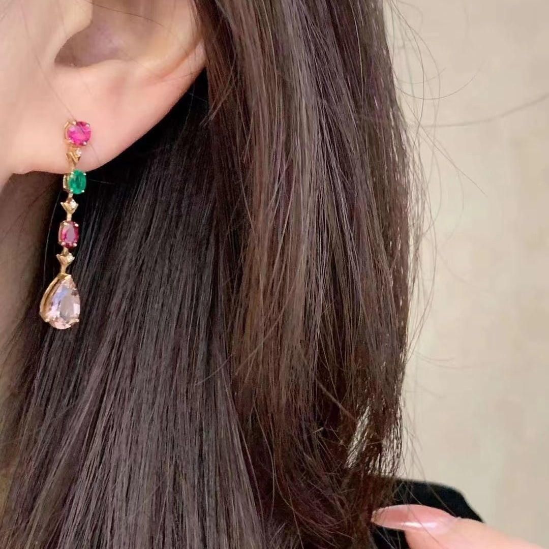 14k Gold 5.66 Ctw Natural Aquamarine & Morganite & Emerald & Tourmaline Earrings - 4
