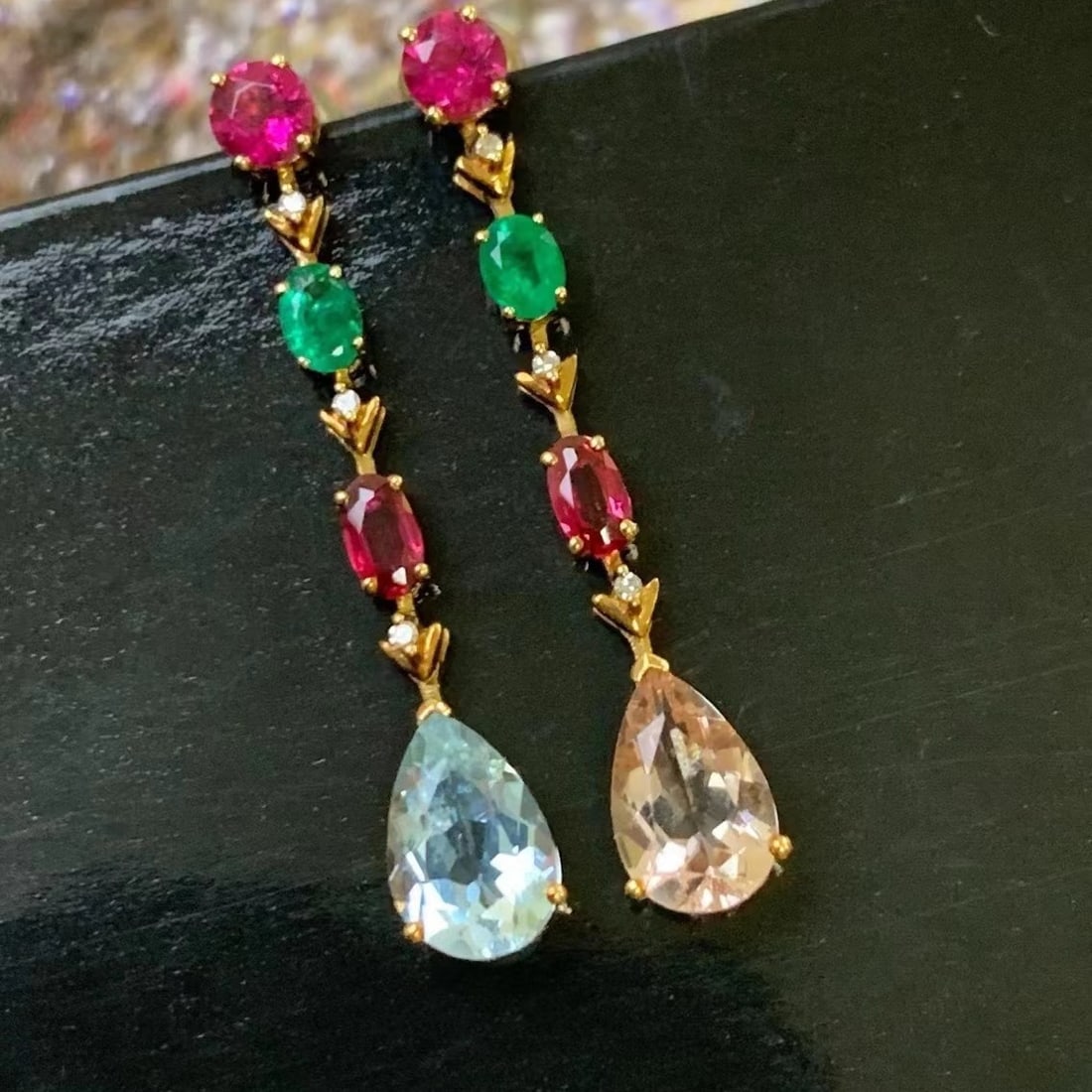 14k Gold 5.66 Ctw Natural Aquamarine & Morganite & Emerald & Tourmaline Earrings - 6