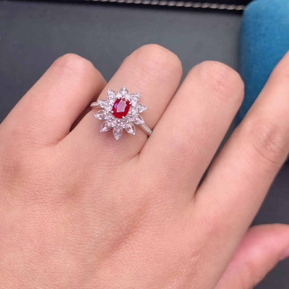 14k Gold 0.74 Ct Natural Ruby & Diamond & Sapphire Ring - 4