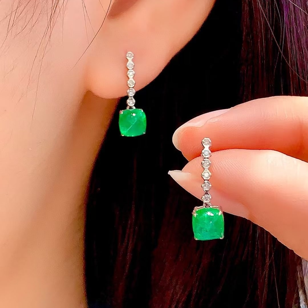 14k Gold 2 Ct Natural Emerald & Diamond Earrings - 6