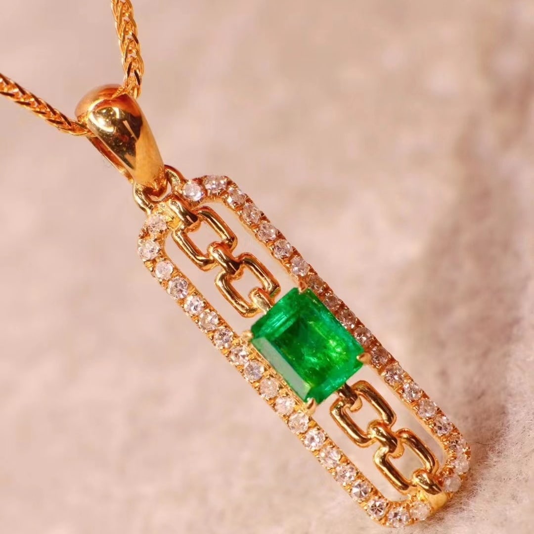14k Gold 0.58 Ctw Vivid Green Natural Emerald & Diamond Pendant( Without Chain ) - 3