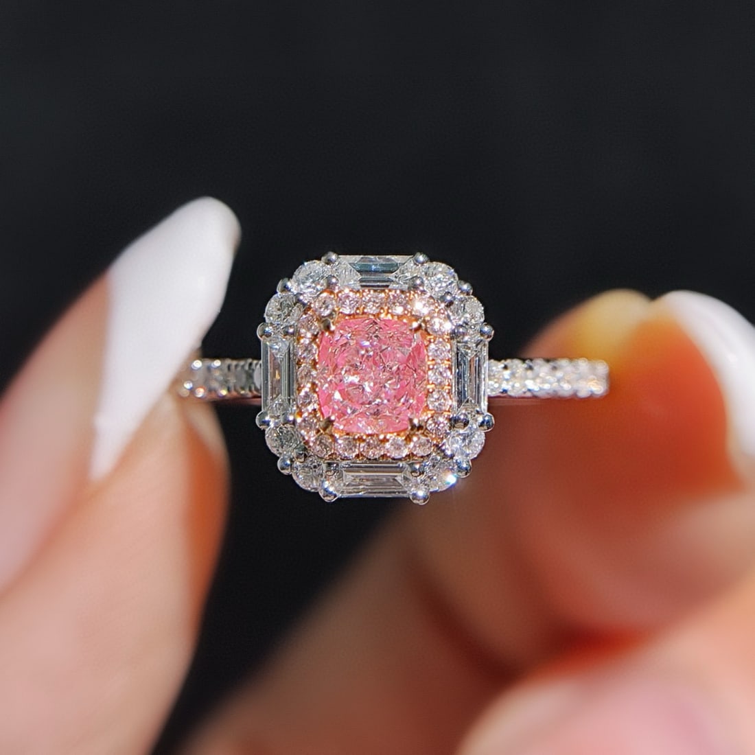 14k Gold 0.70 Ctw Natural Pink Diamond & Diamond Ring: Ref:230968417 // gold content:14k gold // ring size:7. 25us // // main gemstone:pink diamond // shape:cushion // carat weight:0. 35ct // color:pink // treatment:natural // // adjacent gemstone 2 :