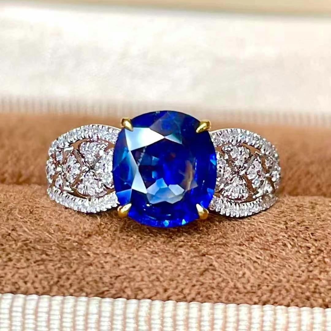 14k Gold 2.1 Ct Natural Sapphire & Diamond Ring: Ref:230969135 // gold content:14k gold // ring size:7. 25us // // main gemstone:sapphire // shape:oval // carat weight:2. 1ct // color:royal blue // treatment:natural // // adjacent gemstone 2 :