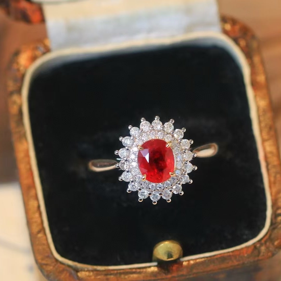 14k Gold 1.14 Ctw Natural Ruby & Diamond Ring: Ref:230969094 // gold content:14k gold // ring size:7. 25us // // main gemstone:ruby // shape:oval // carat weight:0. 77ct // color:pigeonblood red // treatment:natural // // adjacent gemstone 2 :