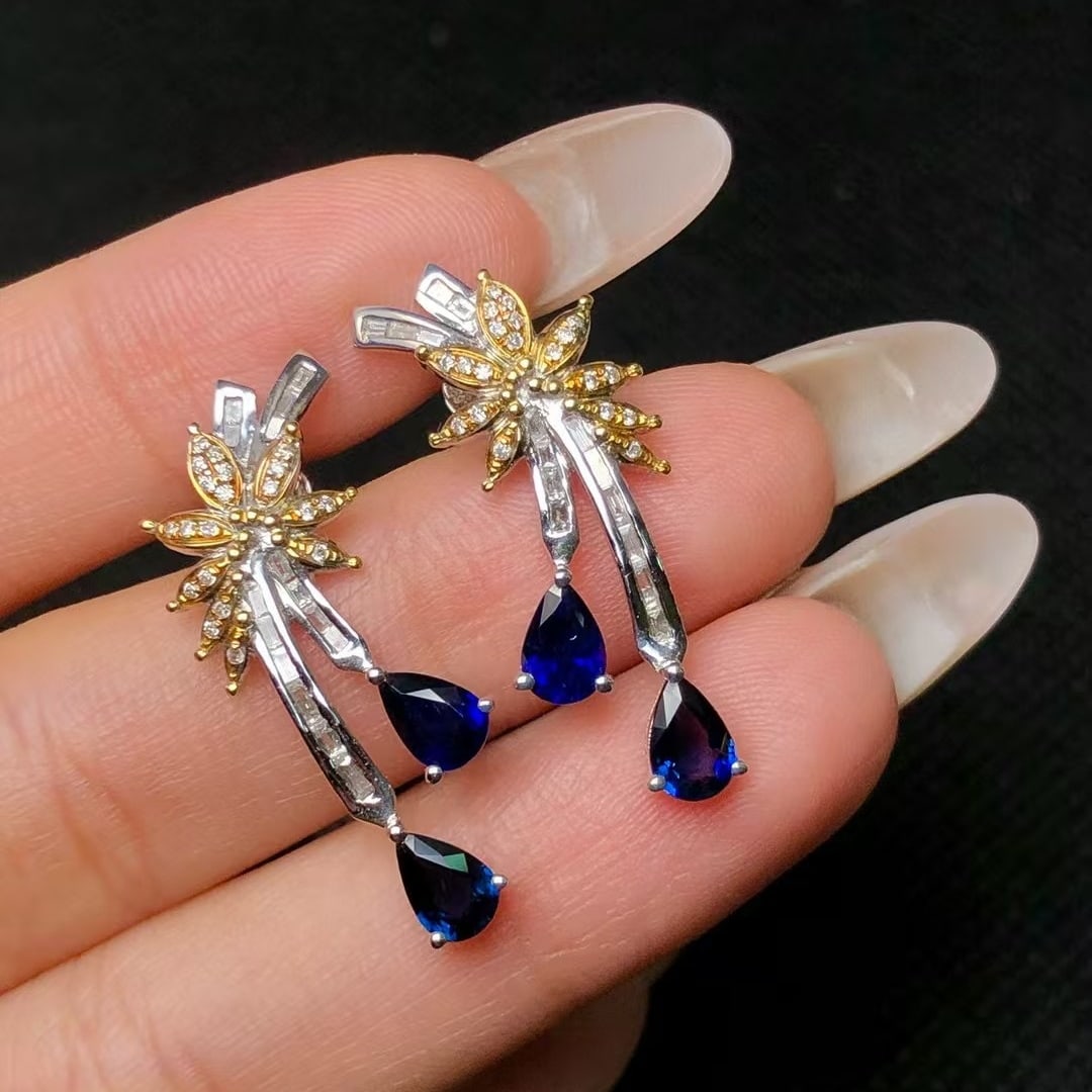 14k Gold 2.55 Ctw Natural Sapphire & Diamond Earrings: Ref:230969104 // gold content:14k gold // main gemstone:sapphire // shape:pear // carat weight:2. 10ct // color:blue // treatment:natural // // adjacent gemstone 2 : diamond // shape:multiply //