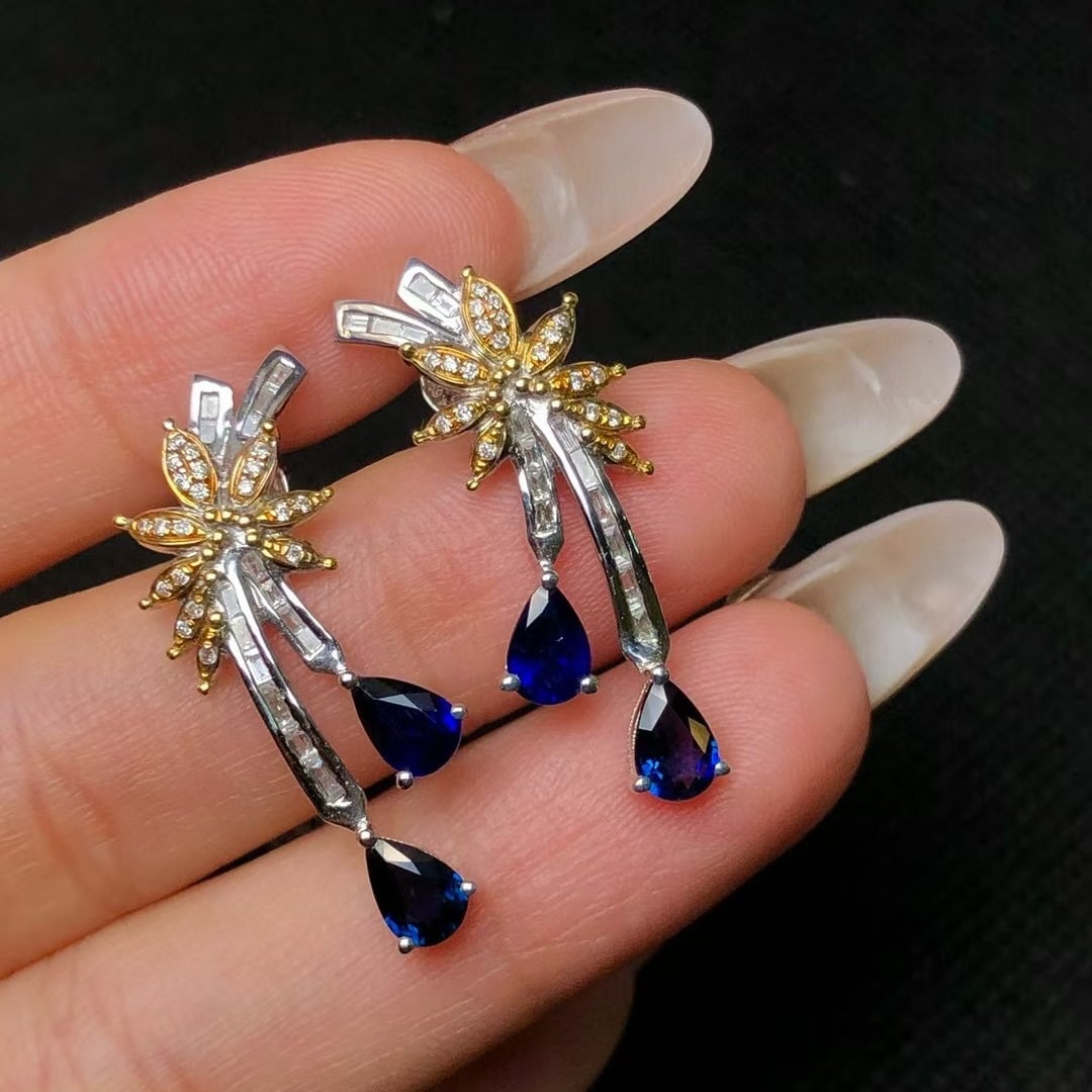14k Gold 2.55 Ctw Natural Sapphire & Diamond Earrings - 2