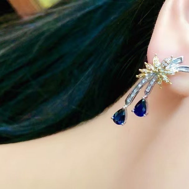 14k Gold 2.55 Ctw Natural Sapphire & Diamond Earrings - 3
