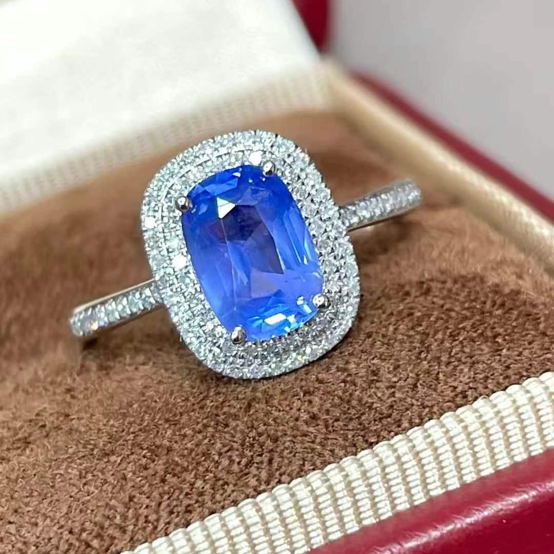 14k Gold 1.72 Ct Natural Sapphire & Diamond Ring: Ref:230969169 // gold content:14k gold // ring size:7. 25us // // main gemstone:sapphire // shape:cushion // carat weight:1. 72ct // color:blue // treatment:natural // // adjacent gemstone 2 :