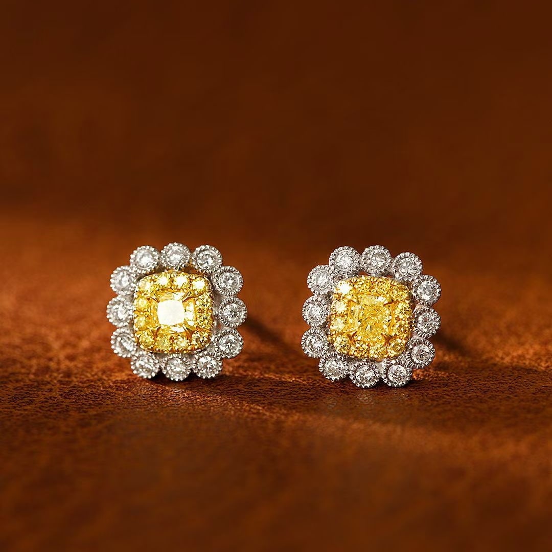 14k Gold 0.63 Ctw Natural Yellow Diamond & Diamond Earrings: Ref:230969120 // gold content:14k gold // main gemstone:yellow diamond // shape:cushion // carat weight:0. 27ct // color:yellow // treatment:natural // // adjacent gemstone 2 : diamond // shape:round