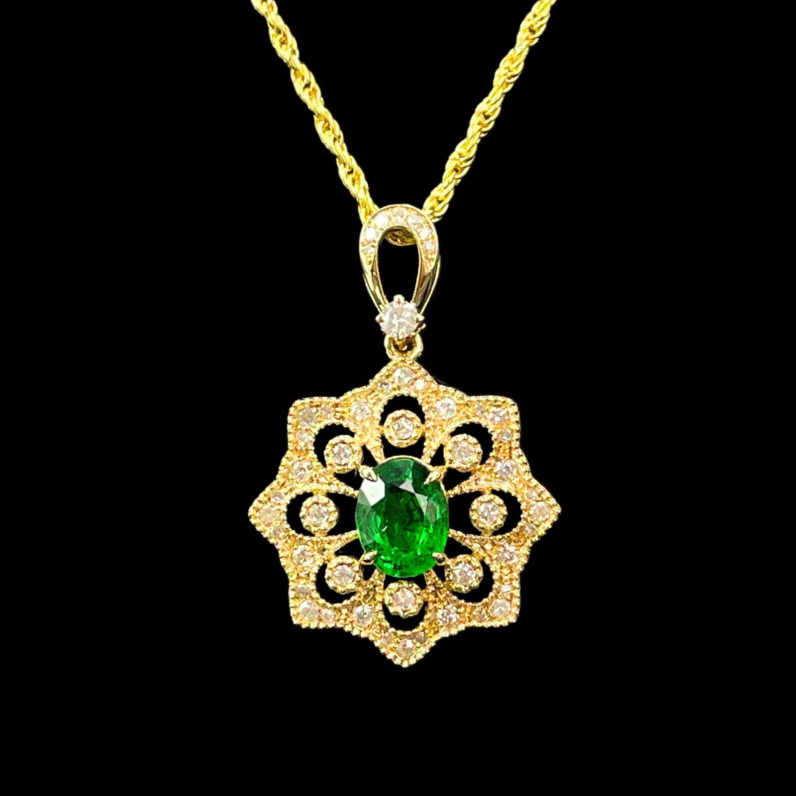 14k Gold 1.26 Ctw Vivid Green Natural Tsavorite & Diamond Pendant( Without Chain ): Ref:230969174 // gold content:14k gold // main gemstone:tsavorite // shape:oval // carat weight:1. 05ct // color:vivid green // treatment:natural // // adjacent gemstone 2 : diamond // shape:round //