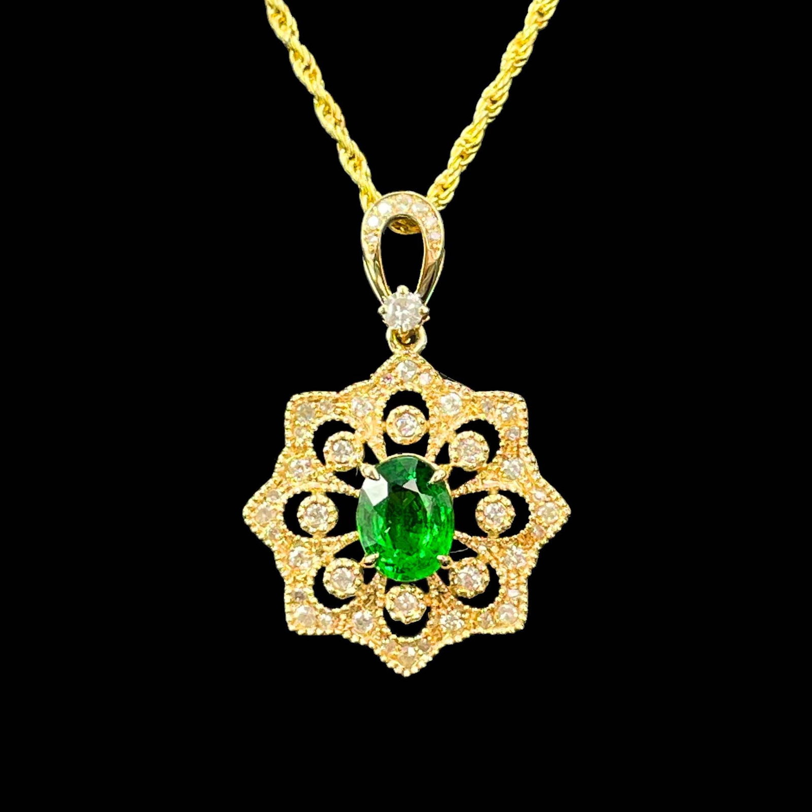 14k Gold 1.26 Ctw Vivid Green Natural Tsavorite & Diamond Pendant( Without Chain ) - 2